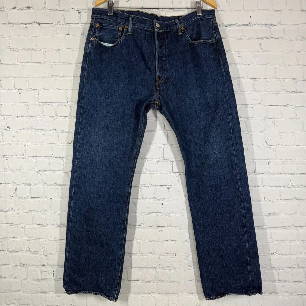 Levis 501 Jeans Men 36x32 Button Fly Denim Blue Dark Wash Cotton Measure 36X30.5